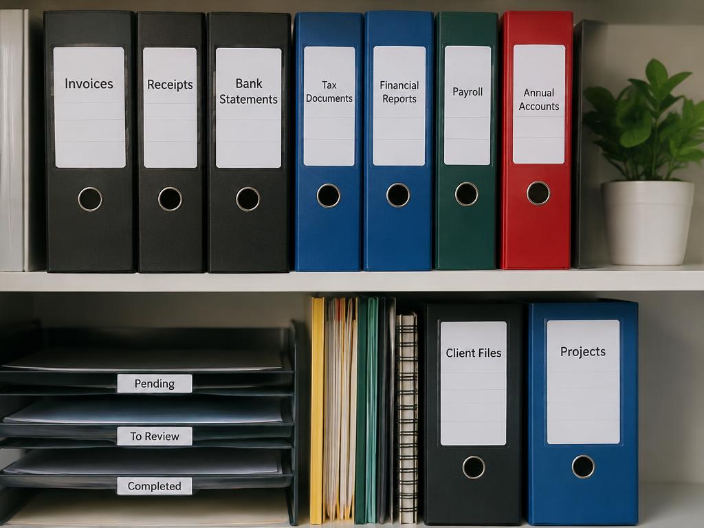 Organized financial records and folders in a professional bookkeeping office.