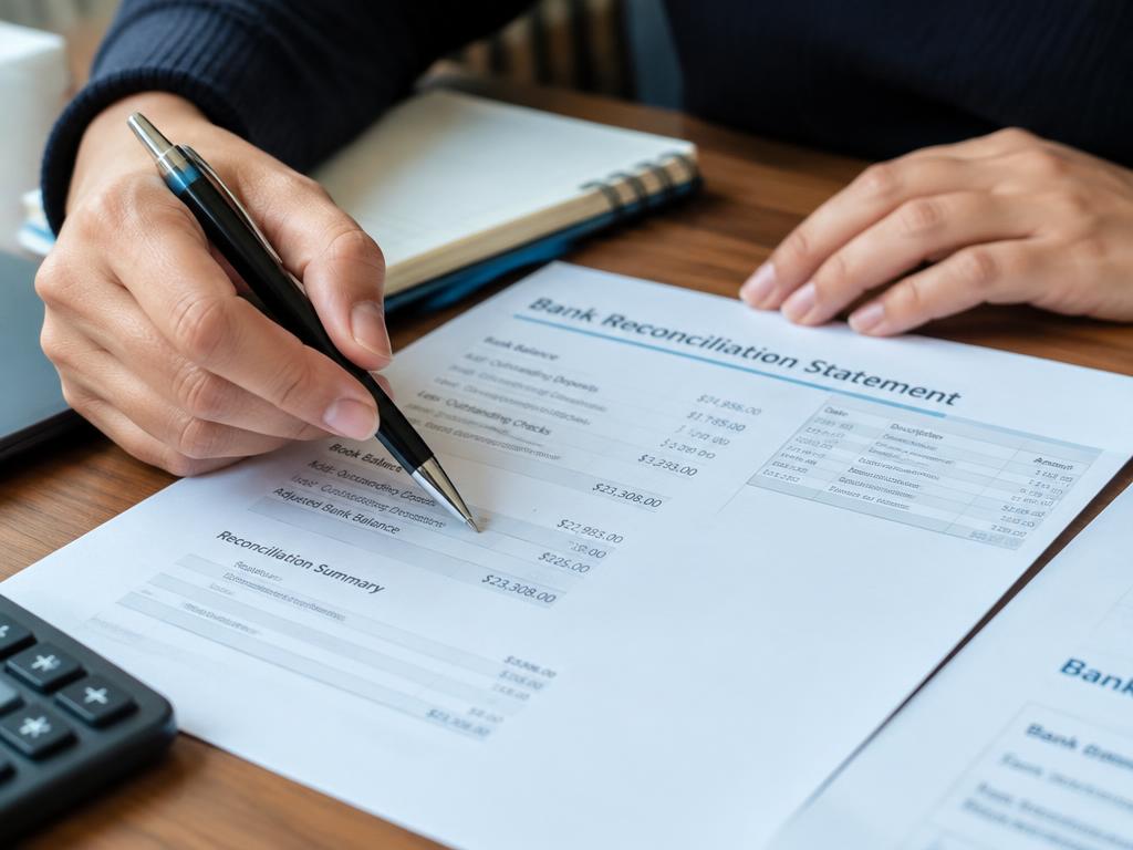 Bookkeeper reviewing bank reconciliation statements to correct a small business's books.