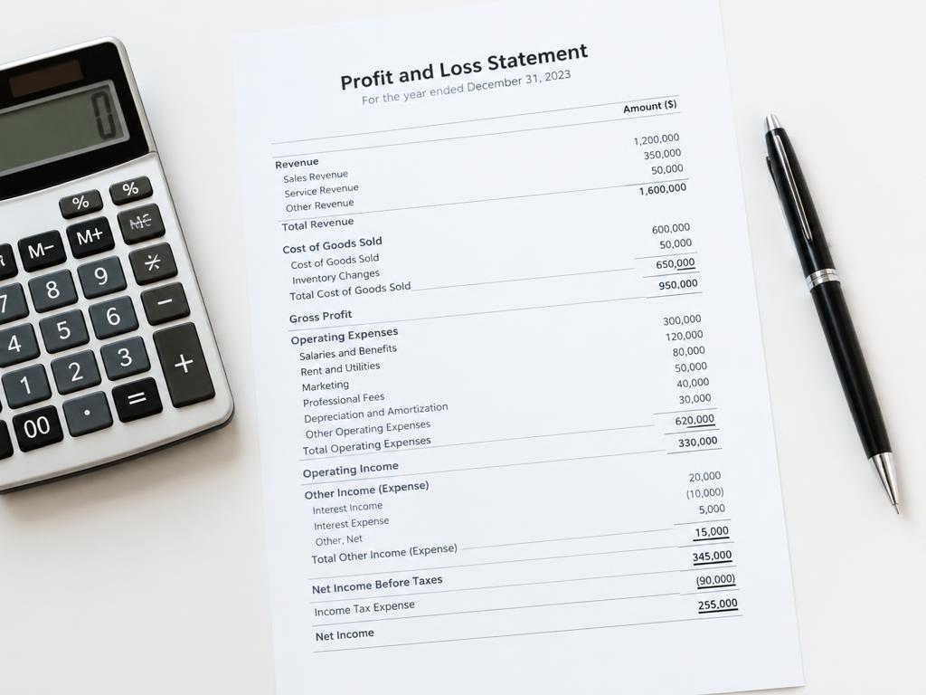 Printed profit and loss statement beside a calculator and pen on a desk.