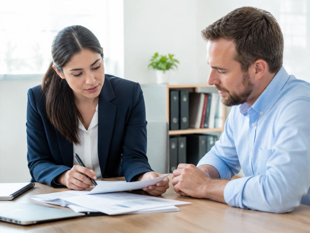 Bookkeeper and small business client discussing financial records during a consultation meeting.
