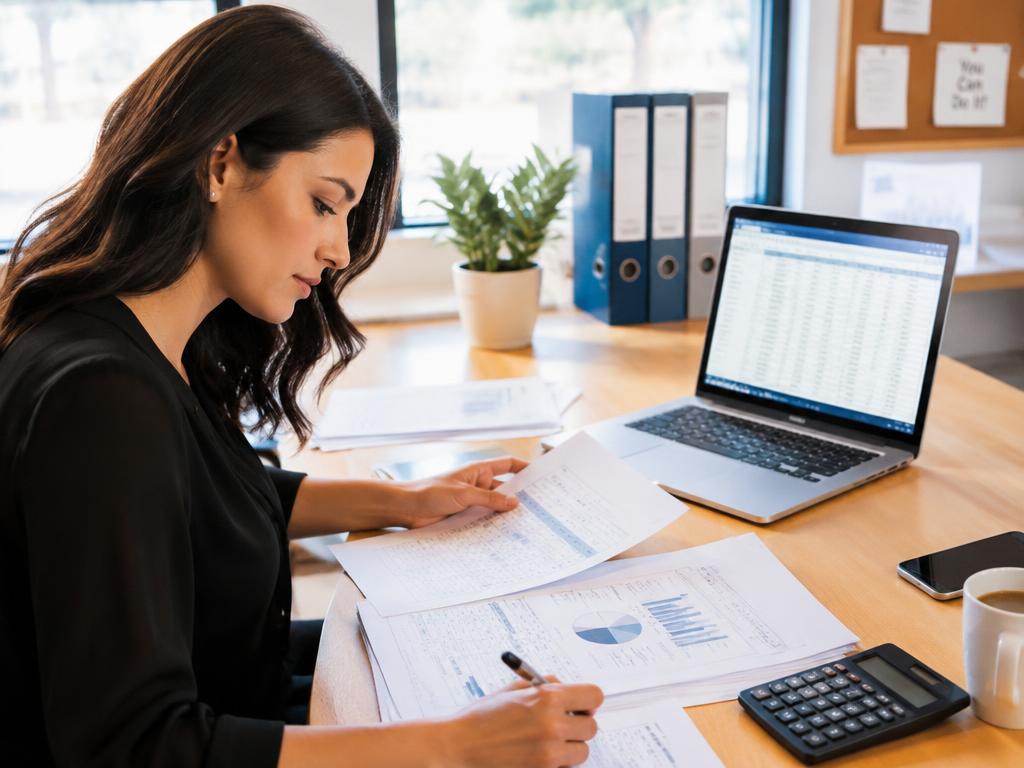 Professional bookkeeper reviewing financial records at a clean desk in a small business office.