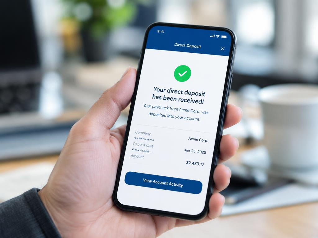 Payroll direct deposit confirmation displayed on a smartphone for a small business employee.