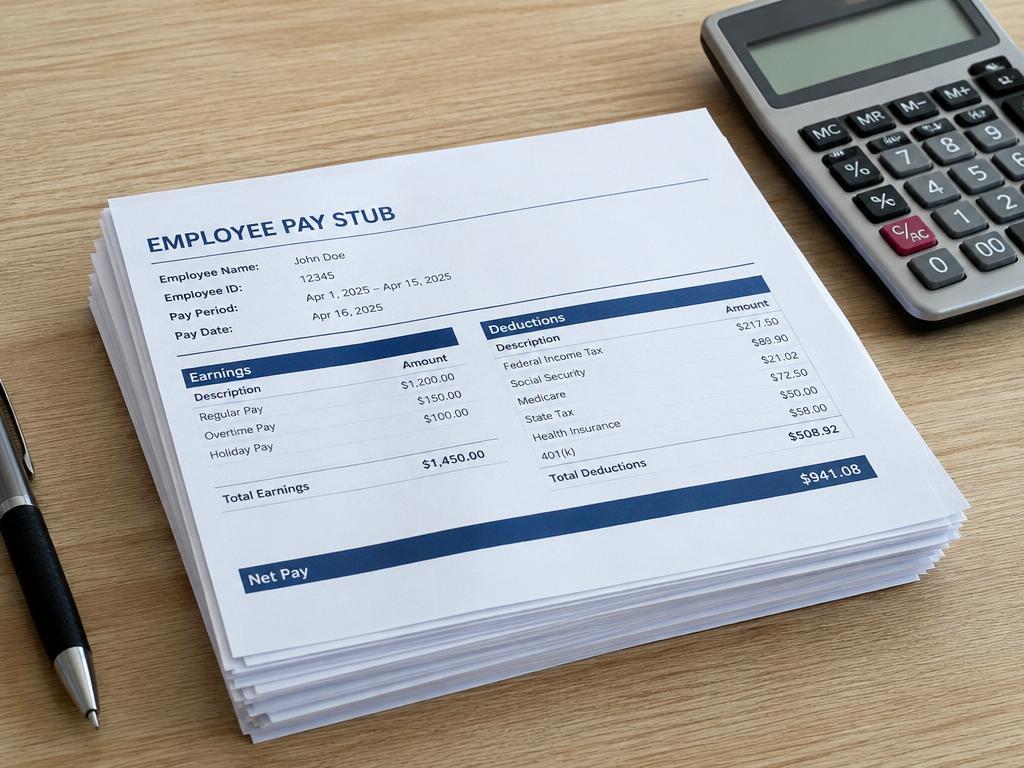 Organized employee pay stubs and payroll documents on a professional desk.