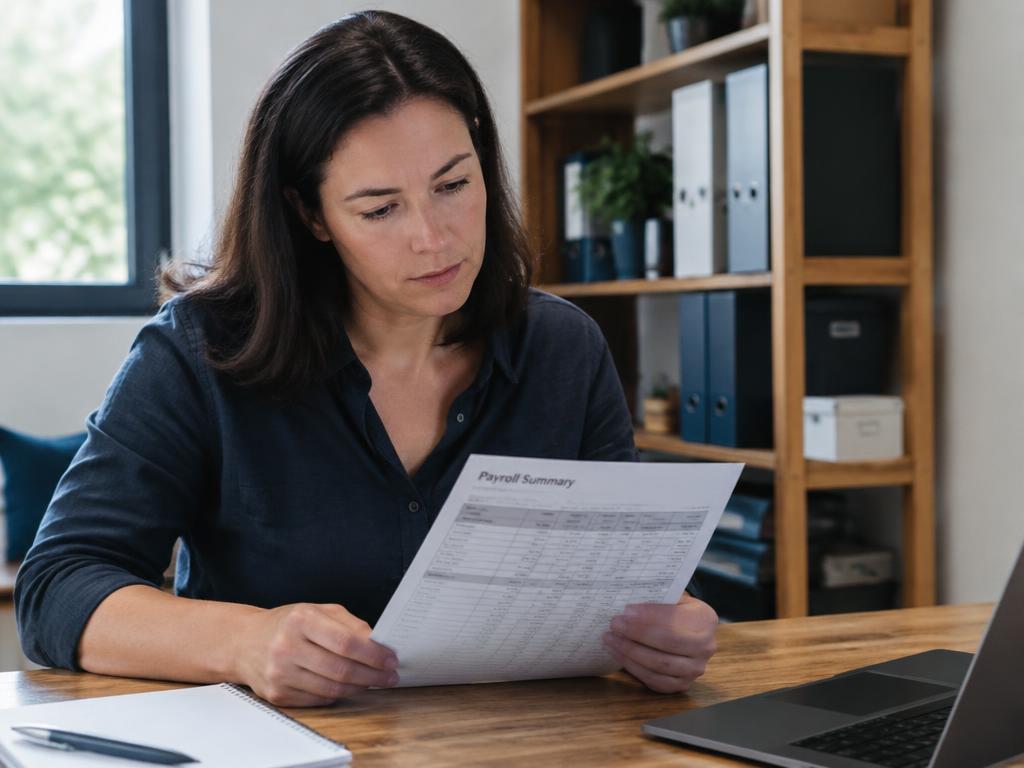 Small business owner reviewing payroll summary documents at their office desk.