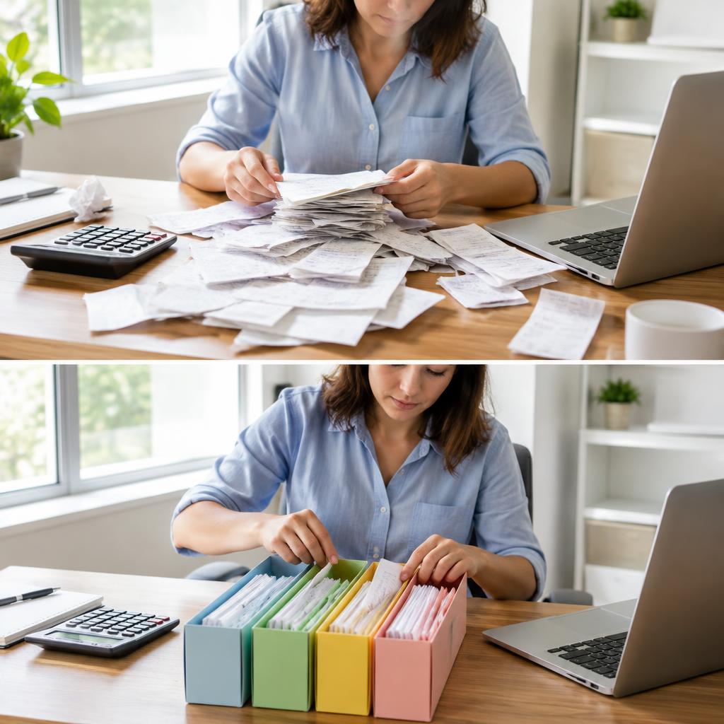 Bookkeeper organizing a messy stack of receipts and invoices into neat folders during a books cleanup.