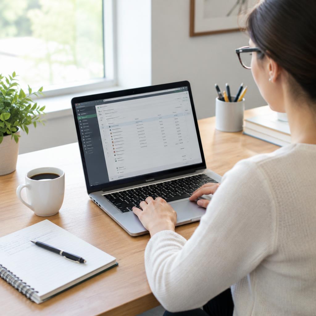 Bookkeeper setting up QuickBooks accounting software on a laptop for a small business client.