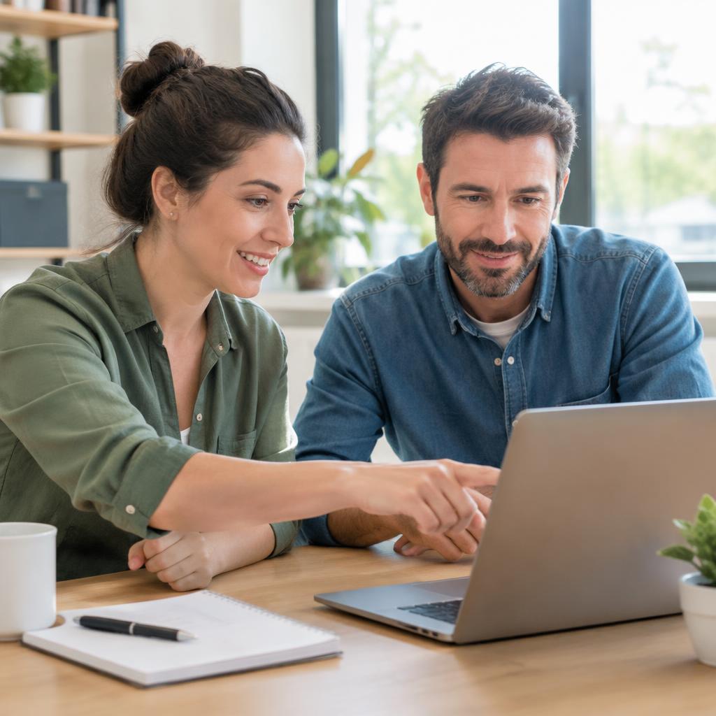 Bookkeeper providing one-on-one QuickBooks training to a small business owner on a laptop.