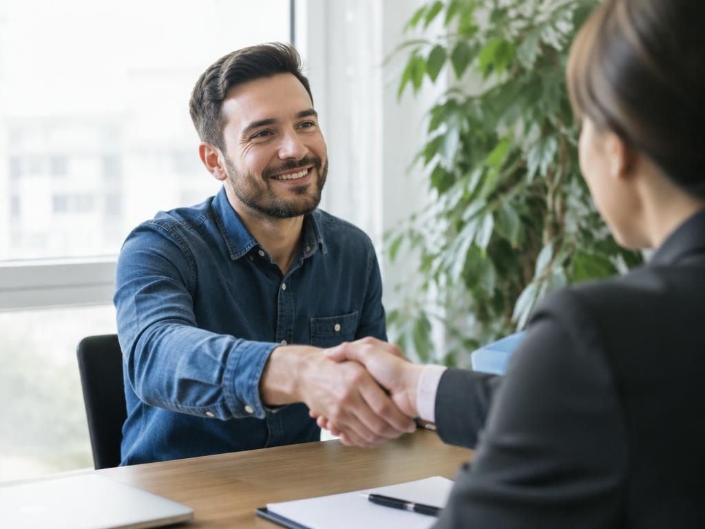 Satisfied small business owner meeting with a professional bookkeeper in an office setting.